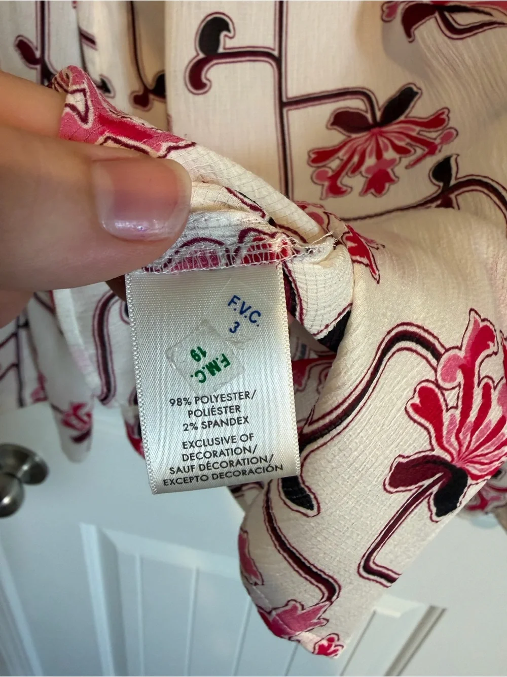 Ann Taylor Cream Blouse with Pink Floral Ruffle Yoke and Black Vine Detail